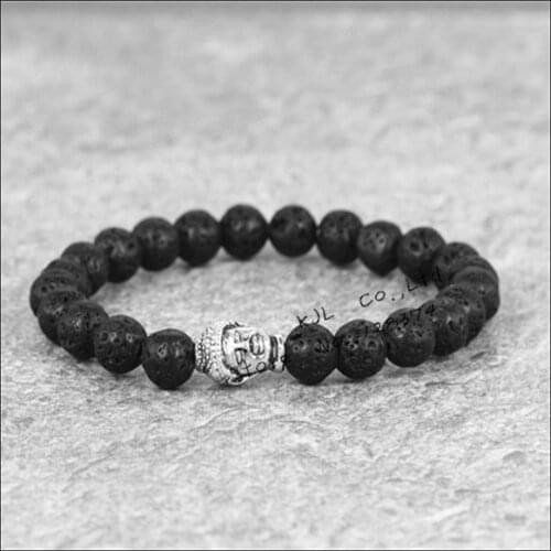1pcs 2017 8mm fashion volcanic/lapis lazuli Stone Beads Bracelet silver color India Buddha head Bracelets for men/women