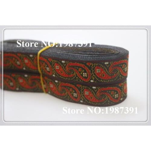 10yards/lots Woven Jacquard Ribbon 2.5cm black background red paisley pattern LS-5307
