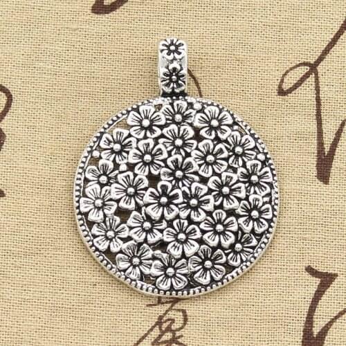 2pcs Charms Flower Covered Disc 58x45mm Antique Silver Color Plated Pendants Making DIY Handmade Tibetan Silver Color Jewelry
