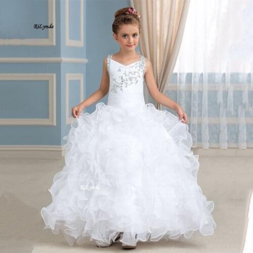 White Lace Applique Flower Girl Dresses For Wedding Cascading Party Long sleeve Princess Girl Formal Dress First Communion Dress
