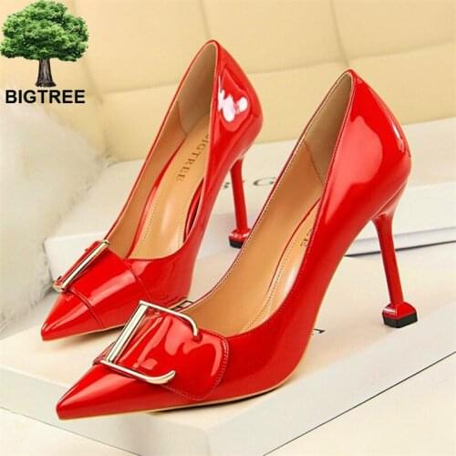 BIGTREE Classics Belt Buckle Womens Office Shoes Sexy Pointed Toe Shallow Women Pump Solid Patent Leather High Heels Shoes