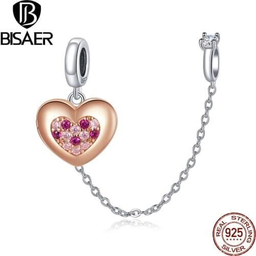 BISAER Promise of Love Safety Chain 925 Sterling Silver Pink Heart Charms Pendant Fit Original Bracelets Necklace Jewelry EFC396
