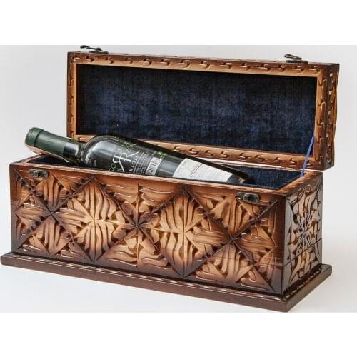 Handmade Wooden Wine Box with Original Wood Carving