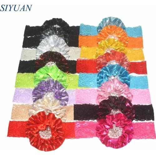 16pcs/lot Stretchy Lace Headband with Metallic Fabric Flower Faux Pearl Centered Kids Baptism Headwear Can Choose Color HB007