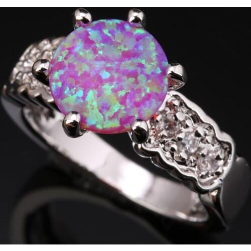 Elegant Pink Fire Opal White Zircon Silver Plated Argent Trendy Party Jewelry Ring Size SF1039