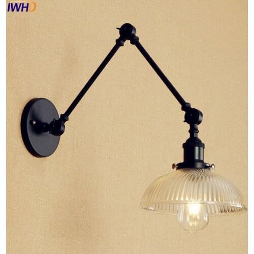IWHD Glass Black Vintage Edison Wall Light LED Bedroom Adjustable Long Arm Wall Lamp Sconce Loft Style Industrial Wall Lighting