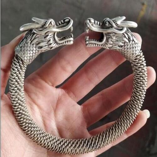 Chinese White copper carved dragon Head bracelet