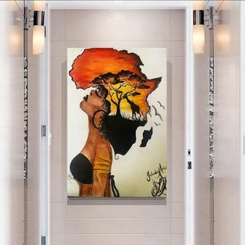 Classical African Woman Paintings On The Wall Abstract Sunset Landscape Wall Art Canvas Prints and Posters Pictures Home Decor