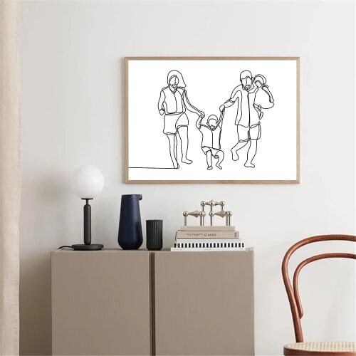 Mom Dad Daughter Son Line Drawing Art Canvas Painting Family Portrait Print Abstract Poster Wall Art Pictures Living Room Decor