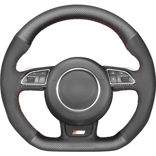 Hand-stitched Black Genuine Leather Suede Car Steering Wheel Cover for Audi S1 (8X) S3 (8V) Sportback S4 (B8) Avant S5 (8T S6 S7