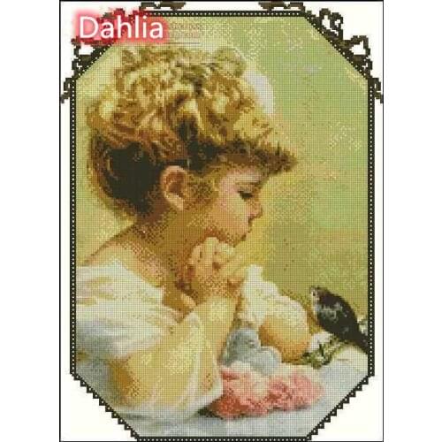 Girl with Bird Cute kid Cross Stitch Kits Top Quality Embroidery Sewing kit Needlework DIY 14CT Unprinted Decor Handmade