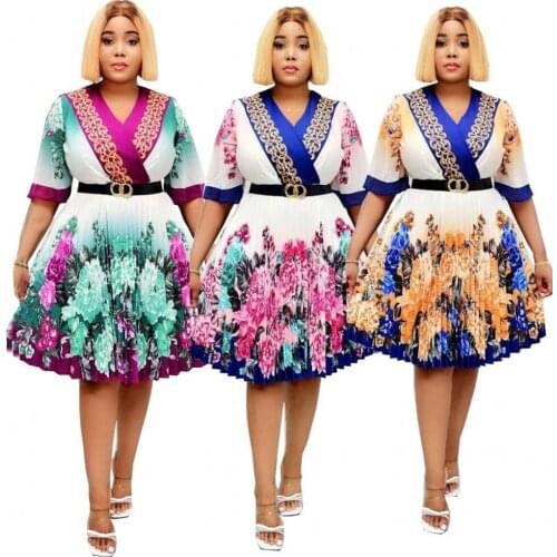African Clothes Fashion Floral Print Elegant Women Pleated Dress Robe Africa Kenga Clothing Knee Length Green Dress Vestidos