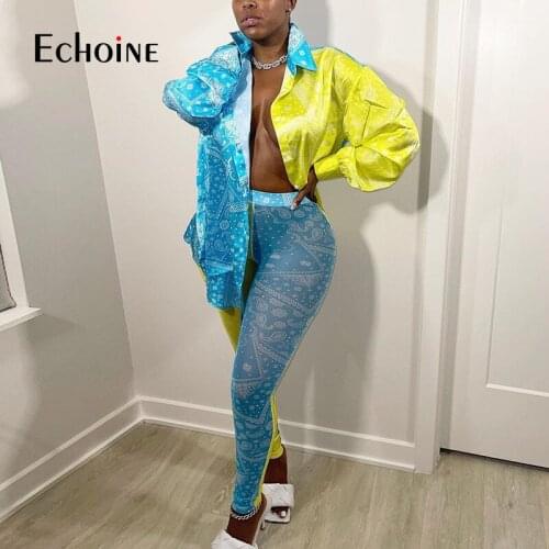 Echoine Autumn 2021 Stitching Print Sexy Lapel Single-breasted Long Sleeve Shirt Hollow Bodycon Mesh Trousers Woman Casual Set