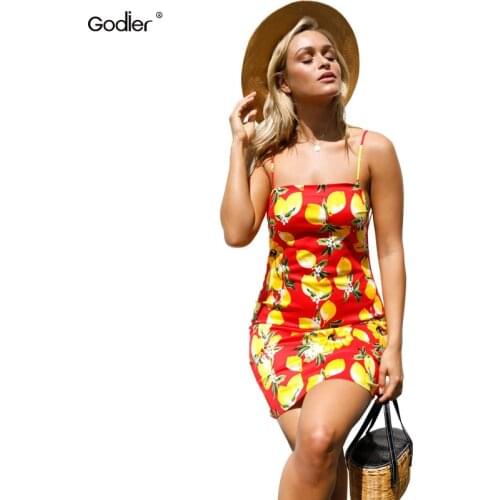Godier Women Summer Mini Beach Dress Boho Beach Vinatge Fruit Lemon Print Sexy Backless Spaghetti Strap Dress Red Sundress