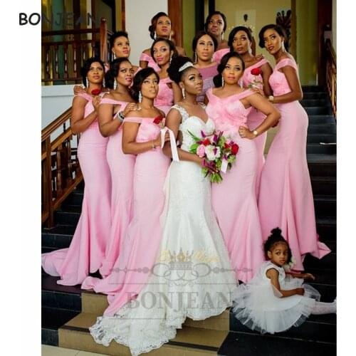 Mermaid Bridesmaid Dresses Elastic Satin 2021 Off-The-Shoulder South African Appliques Lace Up Split Black Girl Bridesmaid Dress