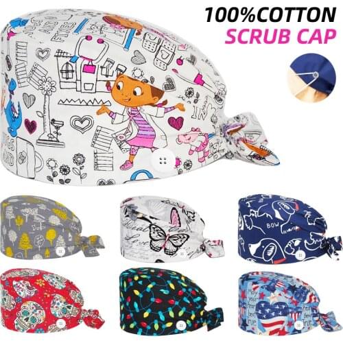 Working Cartoon Scrubs Caps Cotton Anime Print Nursing Cap Beauty Salon Dental Clinic Lab Nurse Work Accessories Surgicals Hat