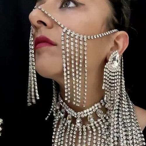 Handmade Luxury Rhinestone Long Tassel Hanging Ear Cover Face Chain Jewelry for Women Crystal Eye Chains Mask Face Accessories