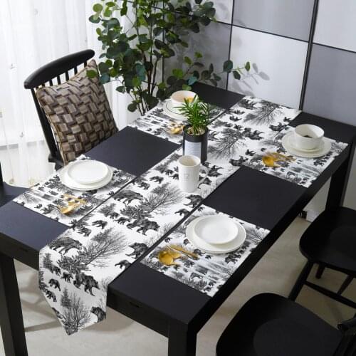 Silhouette Bear Woods Texture Table Runner Placemat Set Tablecloth Dining Table Mat Home Wedding Table Decoration