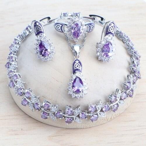 Wedding Jewelry Sets Bridal 925 Sterling Silver Necklace Set Purple Zircon Jewellery Rings Earrings Pendant Bracelets For Women