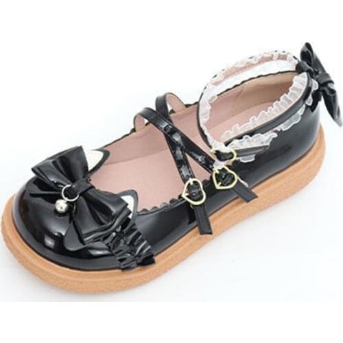 Lolita Style Flats Shoes Girls Cat Ears Mary Janes Shoes Women Bowknot Heart Buckle Cross-tied Lace Ankle Strap Princess Shoes