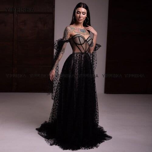 Yipeisha Dot Tulle Long Evening Dresses Sexy Off-shoulder Formal Dress Black Vestido de Festa Wedding Party Gown Plus Size