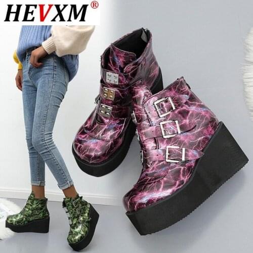 2020 New Fashion Winter Metal Buckle Ankel Boots Women Punk Female Platform Boots Wedges High Heels PU Women Boots Botas Mujer