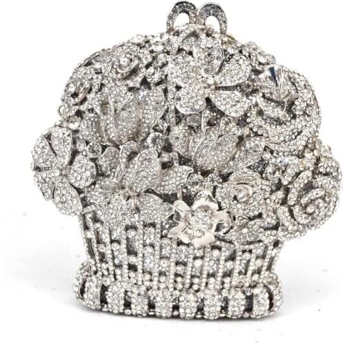 Women Silver Color Crystal Diamond Evening Bag Clutch Bags For Bridal Floral Handbag and Purse Wedding Party Diamond Clutch Bag