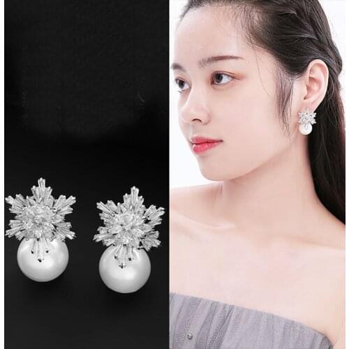 New Arrival Snow Flower Design Women Big Drop White Pearl Earrings with Cubic Zirconia Christmas Gift