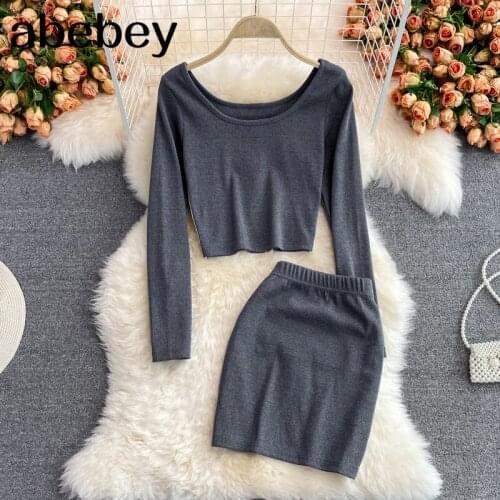 2021 New Spring Autumn Fashion O-neck long sleeve short T-Shirt Top + elastic waist high waist short solid Skirt two piece set