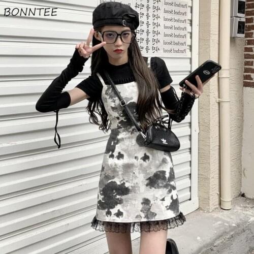 Dresses Women Streetwear Fashionable Summer Sleeveless Slim Empire Above Knee Female Tie Dye Vintage All-match Spaghetti Strap