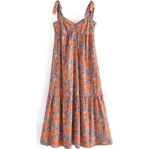 Women Boho Style Floral Print Midi Dress Summer Party Spaghetti Strap Dress Femele Bow Tie Sleeveless A-line Dresses