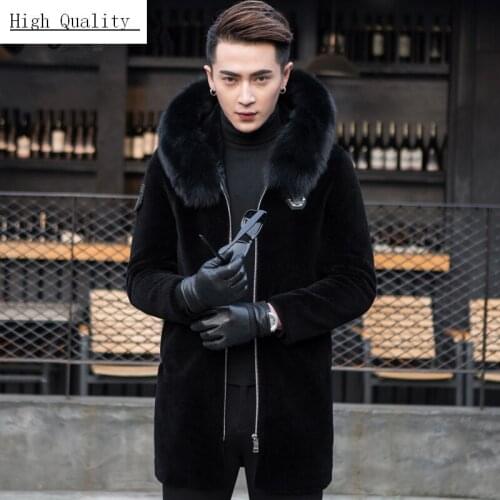 Winter Coat Men Fashion Thick Warm Real Fur Coat Large Fox Fur Hooded Clothes 2020 Long Sheep Shearling Jacket Hiver 006