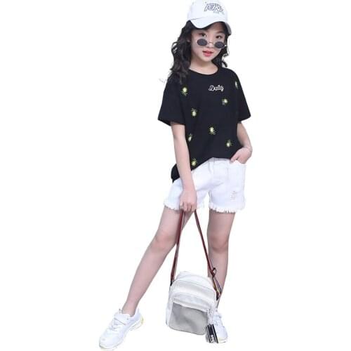 2018 Teens Girls Summer Clothing Set Flower T-shirts & Jeans Short 2Pcs 4 6 8 10 12 14 Years Fashion Girl Cotton Cute Clothes
