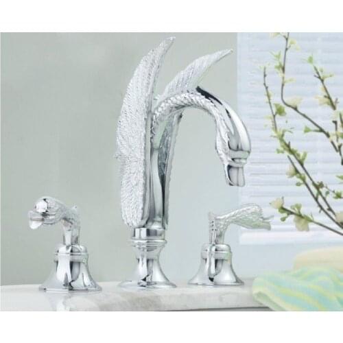 Free shipping chrome finish 3pcs swan sink faucet with drain widespread lavatory faucet