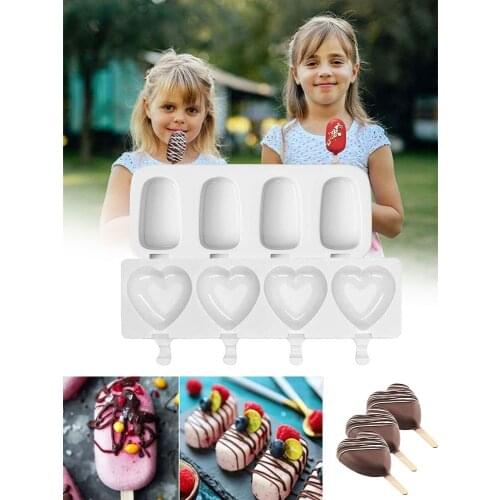 4 Cavity Baking Mini Silicone Ice Cream Molds Popsicle Molds Cake Chocolate Cakesicle Mold for DIY Ice Pops Oval Heart-Shaped