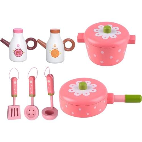 7PCS Kitchen Pretend Cooking Wood Cookware Pot Pan Miniature Utensils Role Playing Educational Preschool Fun Toy