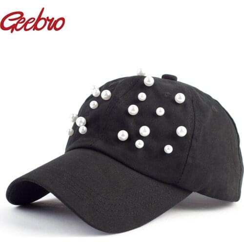 Geebro Womens White Pearl Snapback Baseball Cap Summer Casual Cotton Black Bone Snapback Caps Gorras Hombre GB033