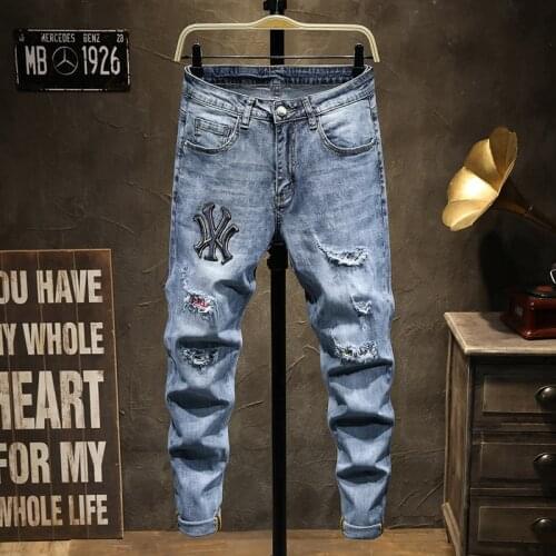 European Men dsq Brand Slim Jeans Denim Trousers Stretch Blue Patchwork Hole Pants For Men Ripped Jeans Embroidery holes very