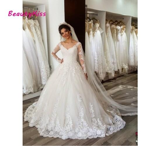 Long Sleeves Lace Appliques Wedding Dresses V-Neck Ball Gown Tulle Bridal Party Gowns Luxury Princess Wedding Dress