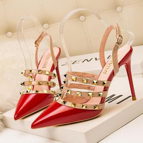Mariahzheng 10CM Sexy Pointed Toe High Heels Women Nightclub Was Thin Rivets Womens Sandals Stiletto Heels Womens Shoes ZWM
