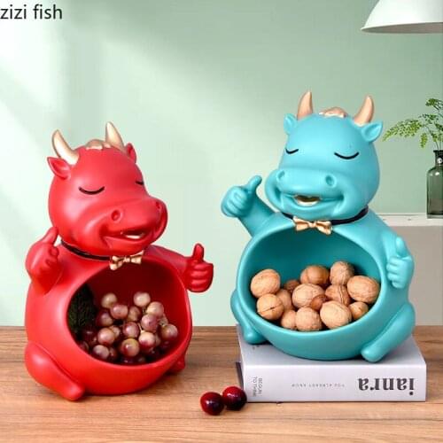Cartoon Cattle Cute Trays Decorative Fruits Basket Resin Bull Storage Ornaments Cosmetic Containers Jewelry Dish Modern Decor
