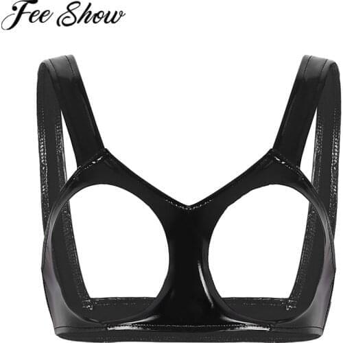 New Fashion Womens Wetlook Open Cup Bra Bustier Erotic Lingerie Sexy Plus Size Faux Leather Bra Tops Hollow Out Female Underwear