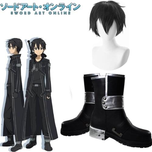Japanese Anime Sword Art Online Cosplay Boots Kirigaya Kazuto Cosplay Shoes Boots SAO Mens Kirigaya Kazuto Kirito Cosplay Hair