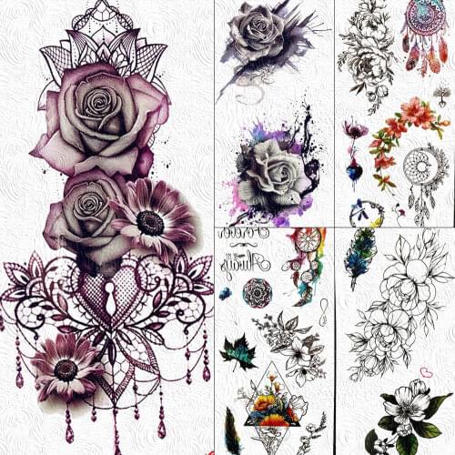 Sexy Flower Rose Lace Temporary Tattoos Sticker For Women Fake Flora Girls Waterproof Tattoo Paper Body Art Arm 3D Tatoos Jewels