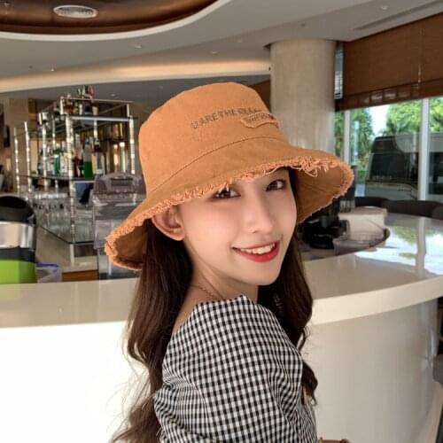 Womens Sun Hat Denim Letters Embroidered Raw Edging Korean Fisherman Cap Summer Japanese Anti-ultraviolet Big Brim Hats