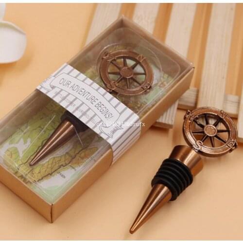 50pcs Travel Theme Wedding Souvenirs Wedding Party Favors Bronze Compass Wine Bottle Stoppers 4x10.5cm Christmas Gifts