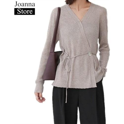 Spring New Short Wool Sweater Women V-Neck Long Sleeve Irregular Belt Slim Elegant knitted Sweater Plus Size Wild Clothes Female