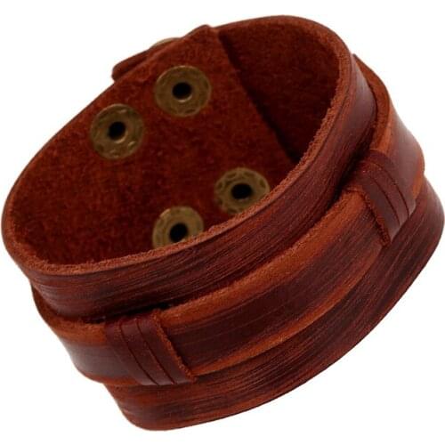 Vintage Gypsy Hippie Punk Cool Design Flat Piece Brown Real Leather Wrap Double Layers Wide Big Bracelet Bangle Unisex Accessory