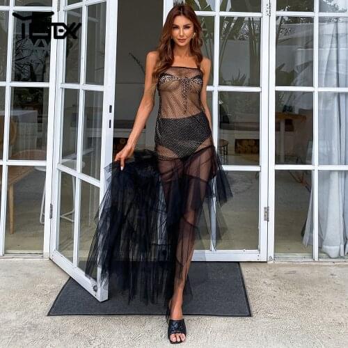 Yesexy 2021 Women Dresses Sexy Summer Spaghetti Strap Ruffle Hem Sheer Mesh Dress With Underwear Backless See Though