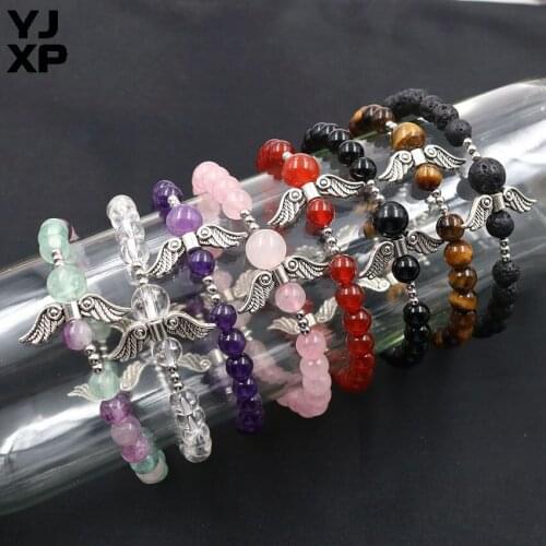 YJXP 6mm Natural Amethysts Rose Pink Quartz Black Agates DIY Handmade Women Reiki Guardian Angel Wings Bracelet Fashion Jewelry